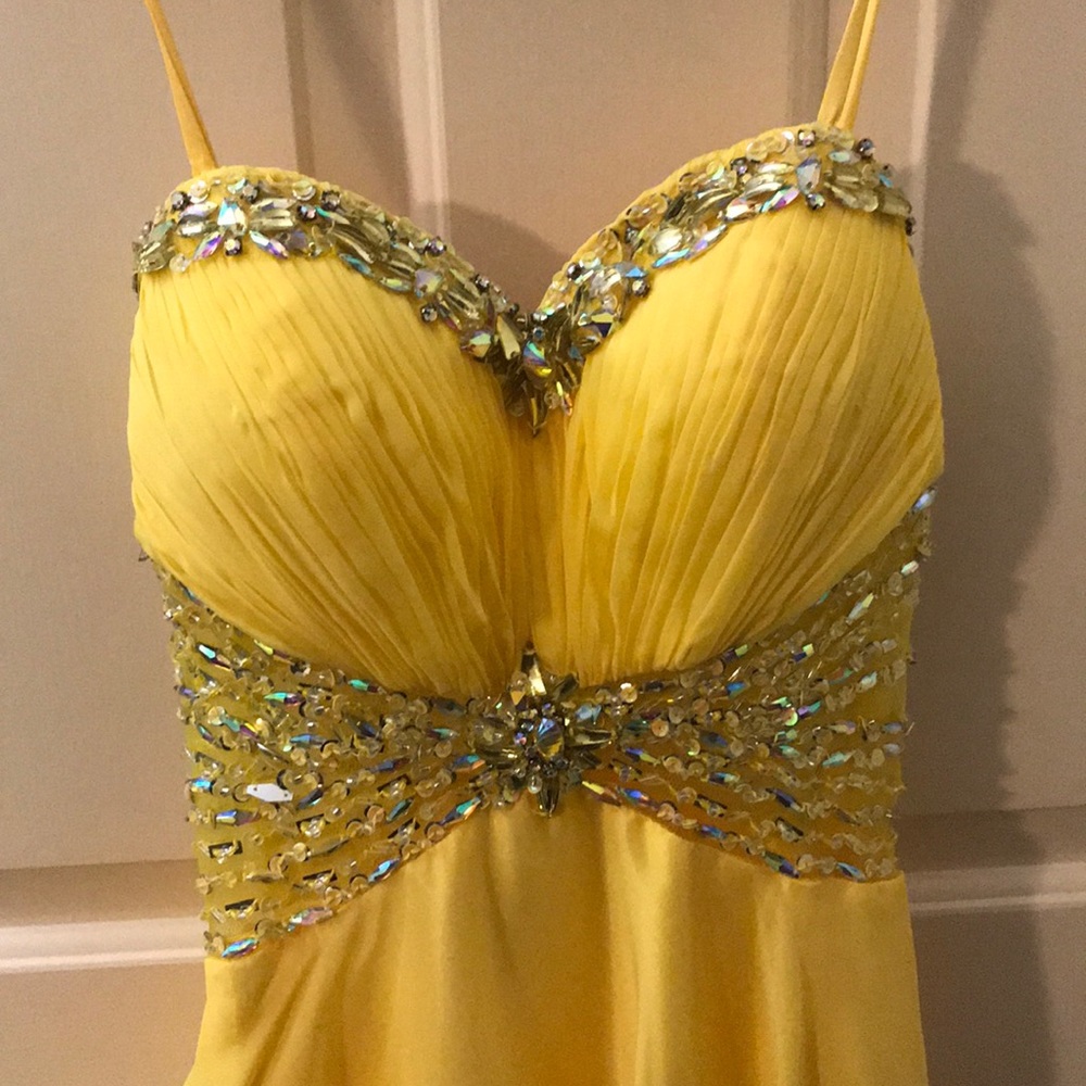 Yellow beaded floor length prom dress